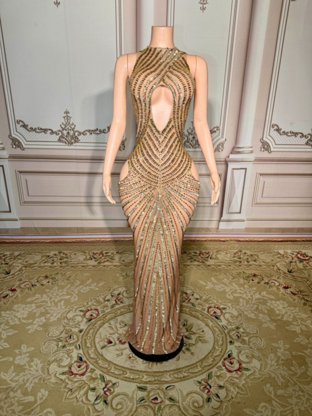 Nude Mesh Gold & Silver Crystal Embellished Cutout Gown- Muiltple colors